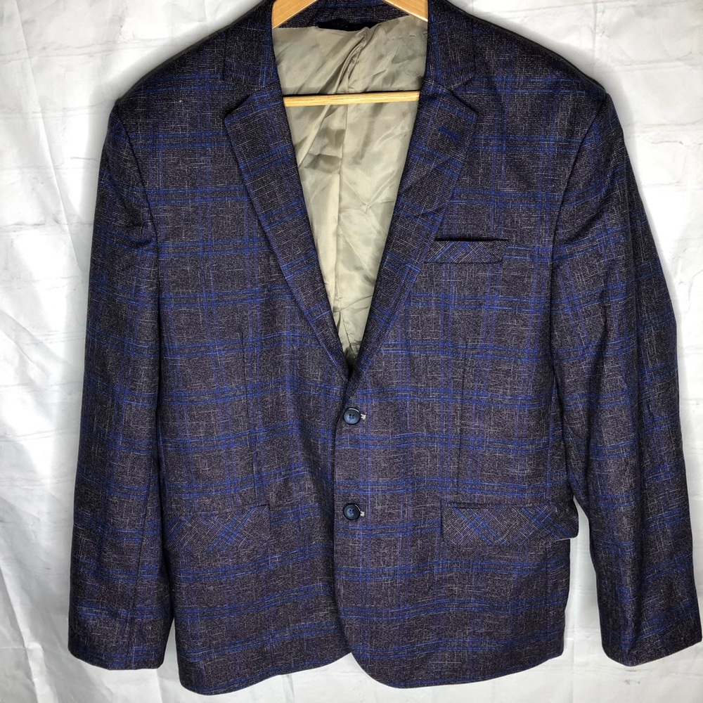 RNT23 Ron Tomson Blazer Men's Purple Blue Plaid Suit Jacket Sport Coat Size 44